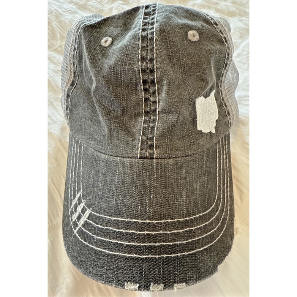 Women's Adjustable Trucker Hat Grey Embroidered Ohio State Image Distressed